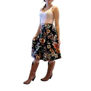 Faith And Joy Vintage Inspired Navy Floral Midi Swing Skirt Size Medium